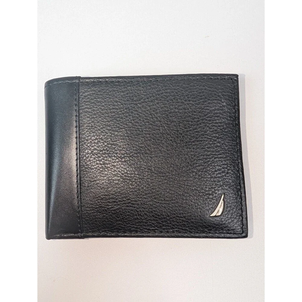 Nautica Black Leather Wallet Bifold ID Window Card Holder Mens